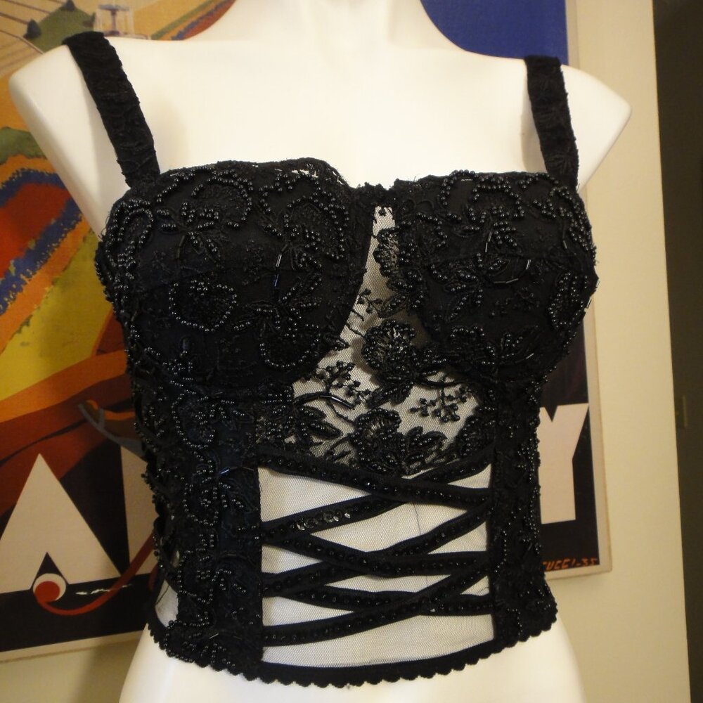 Vintage Black Bead Sequin Lace Bustier Sz M Corset